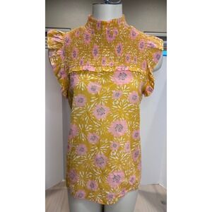 THML Womens Mustard Yellow Pink Floral Smocked Mock Neck Flutter‎ Sleeve Top S